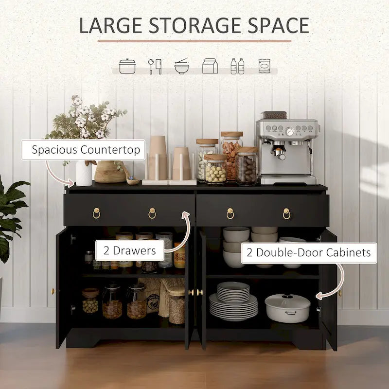 Vaisselier, meuble buffet avec 2 tiroirs, 2 placards de rangement, 4 portes coulissantes style grange et étagères réglables, Blanc