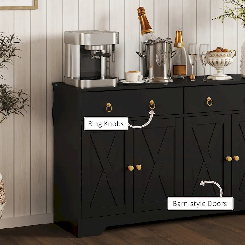 Vaisselier, meuble buffet avec 2 tiroirs, 2 placards de rangement, 4 portes coulissantes style grange et étagères réglables, Blanc