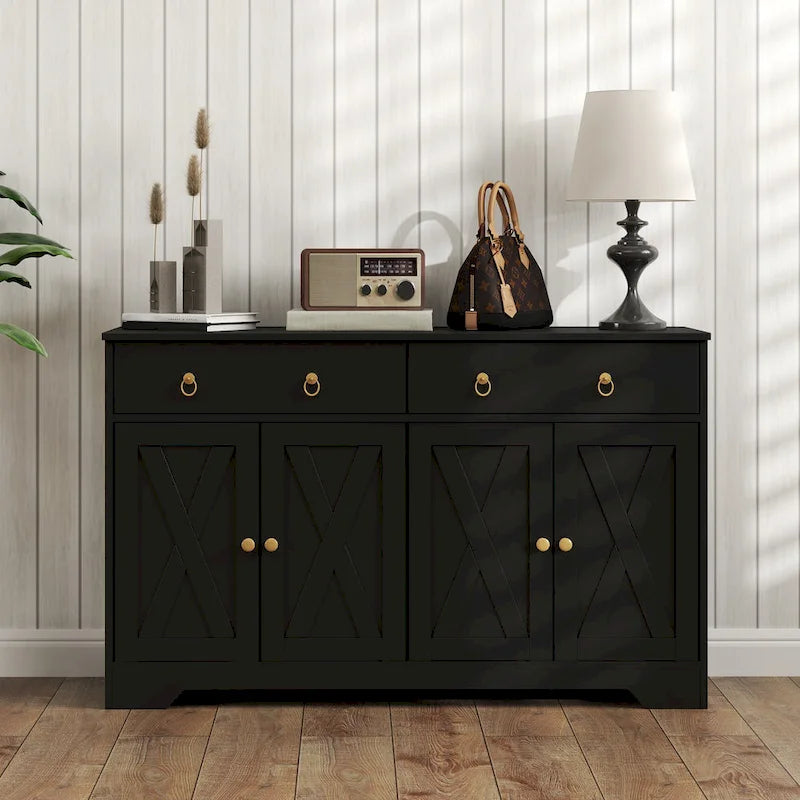 Vaisselier, meuble buffet avec 2 tiroirs, 2 placards de rangement, 4 portes coulissantes style grange et étagères réglables, Blanc