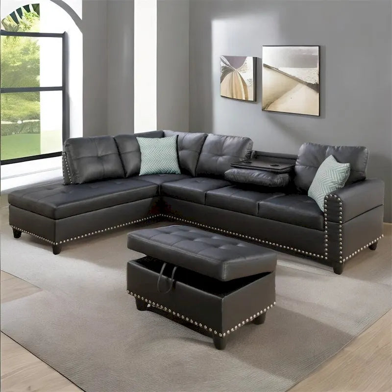 Canapé d'angle en similicuir en forme de L avec pouf et oreillers