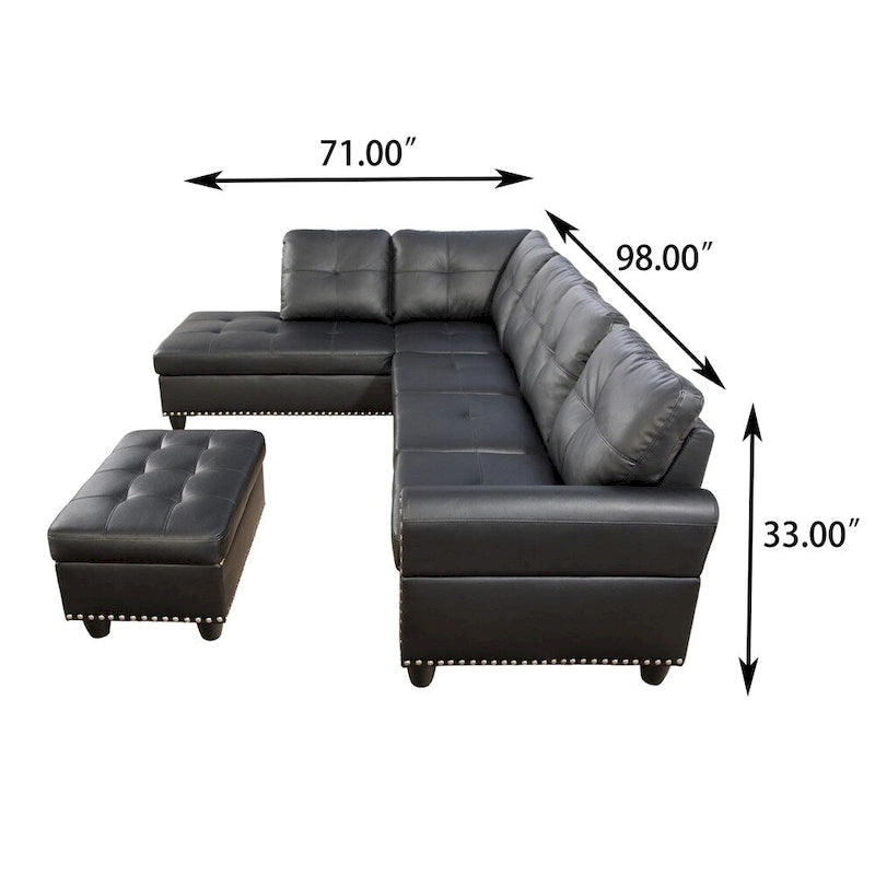 Canapé d'angle en similicuir en forme de L avec pouf et oreillers