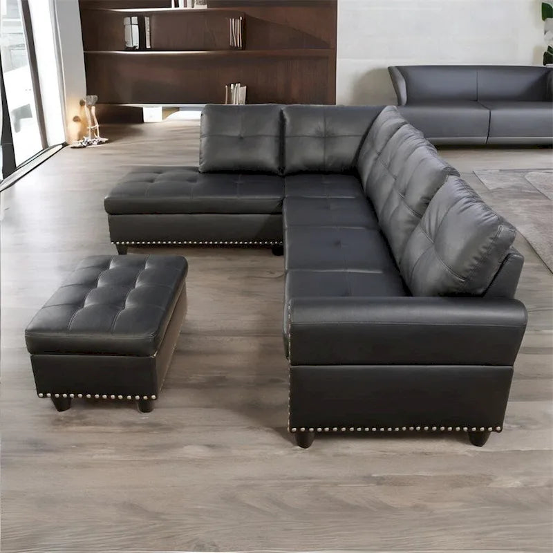 Canapé d'angle en similicuir en forme de L avec pouf et oreillers