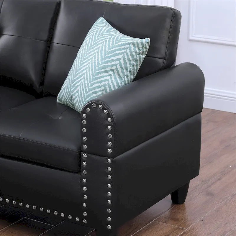 Canapé d'angle en similicuir en forme de L avec pouf et oreillers