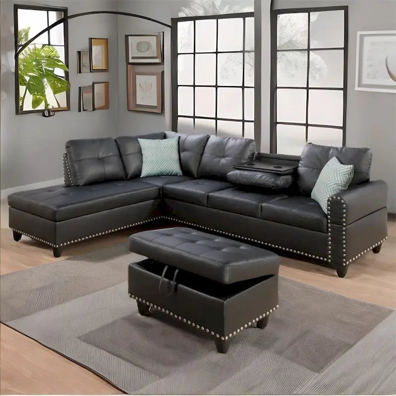 Canapé d'angle en similicuir en forme de L avec pouf et oreillers