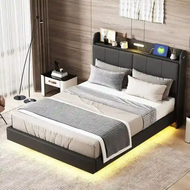 Cadre de lit Queen Size avec rangement, lumière tactile et port USB