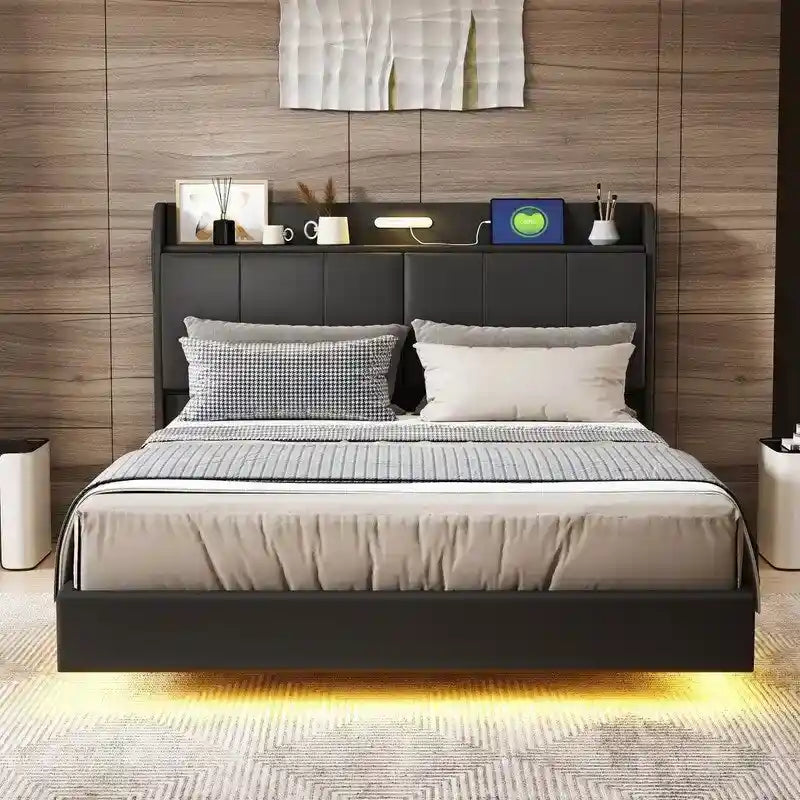 Cadre de lit Queen Size avec rangement, lumière tactile et port USB