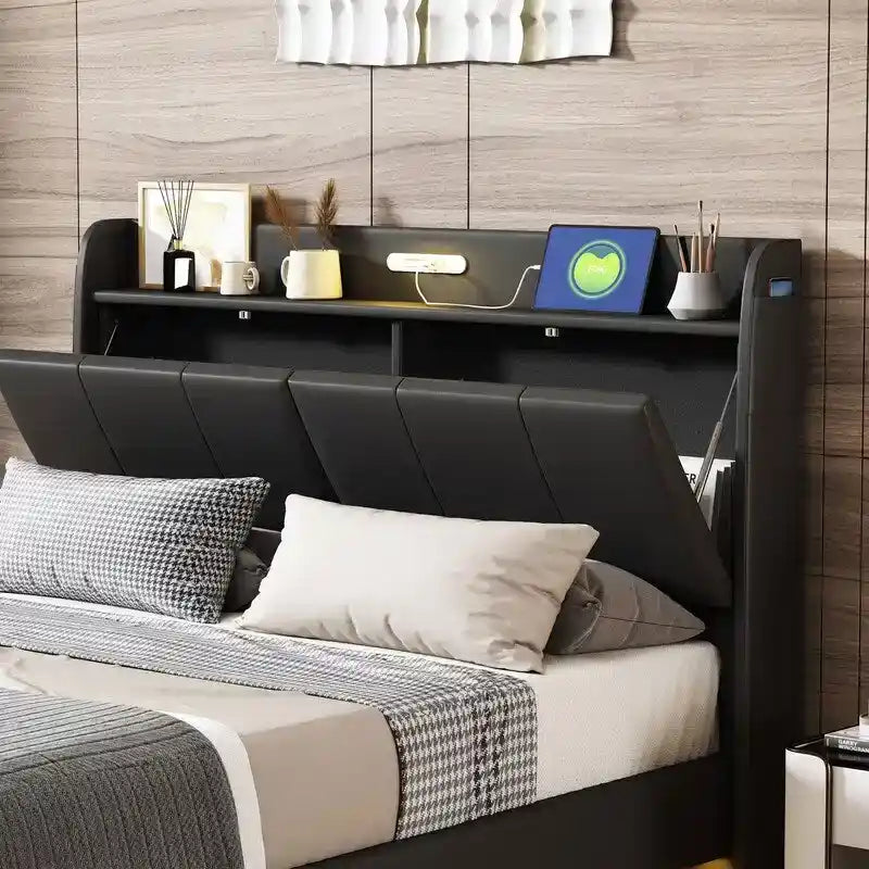 Cadre de lit Queen Size avec rangement, lumière tactile et port USB
