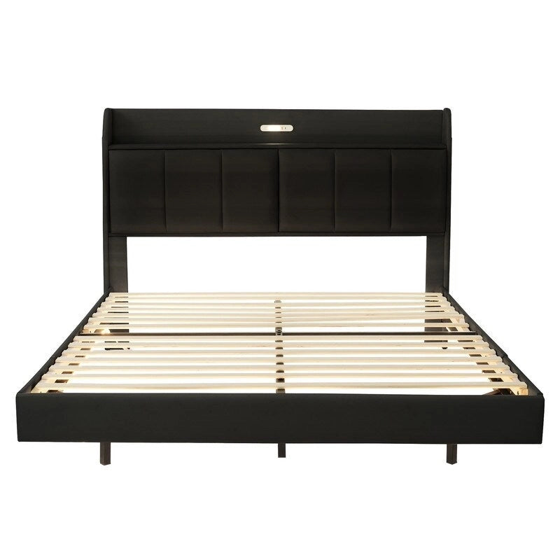 Cadre de lit Queen Size avec rangement, lumière tactile et port USB