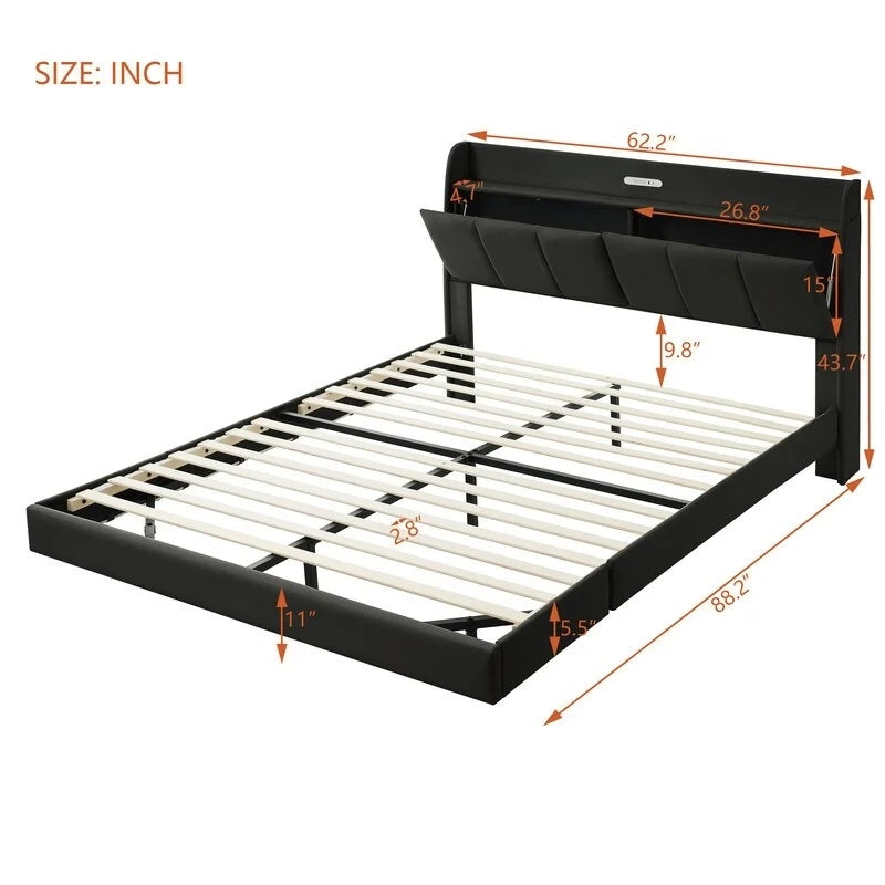 Cadre de lit Queen Size avec rangement, lumière tactile et port USB