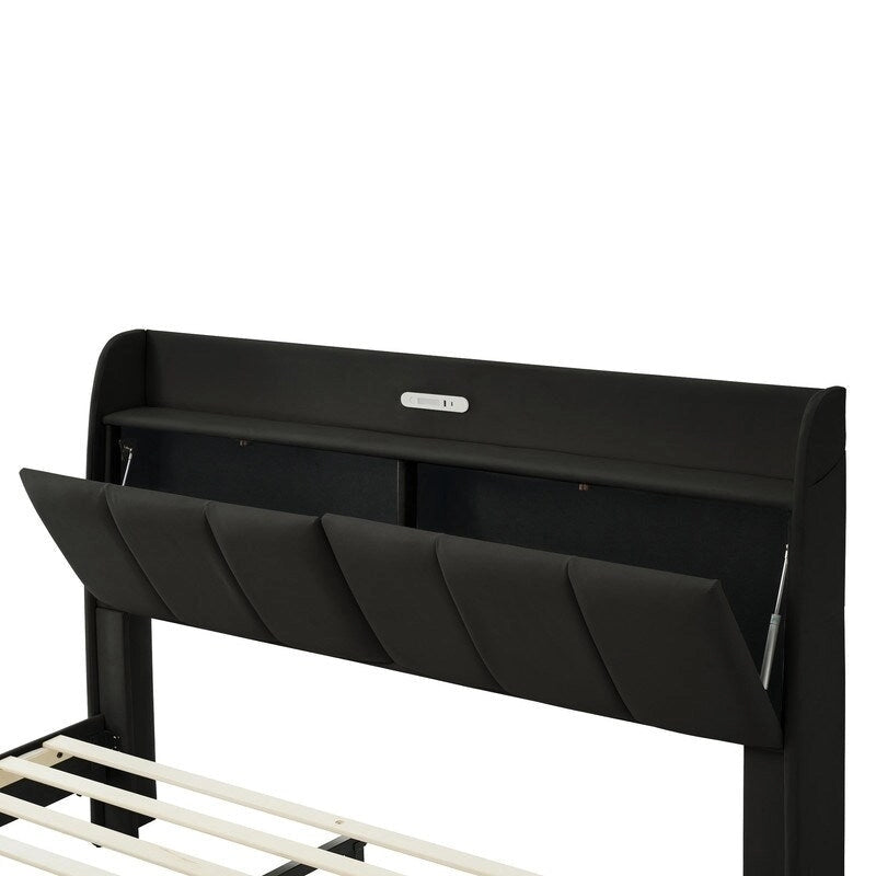 Cadre de lit Queen Size avec rangement, lumière tactile et port USB