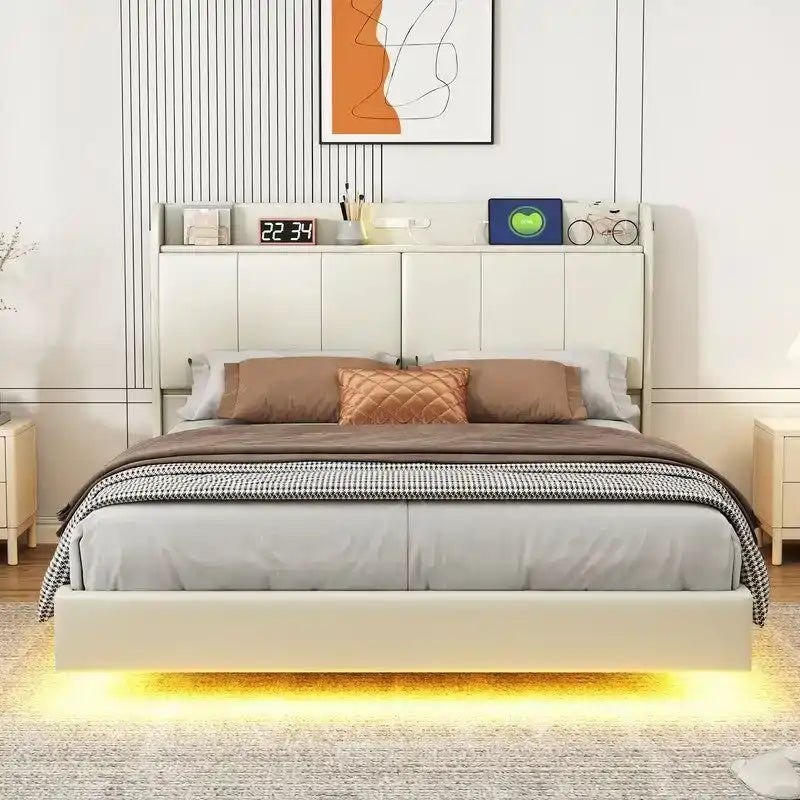 Cadre de lit Queen Size avec rangement, lumière tactile et port USB