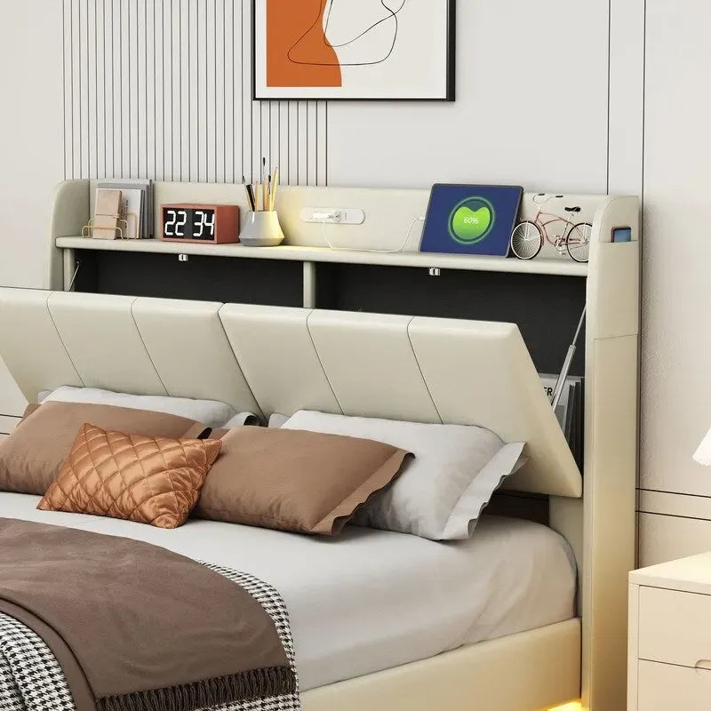 Cadre de lit Queen Size avec rangement, lumière tactile et port USB