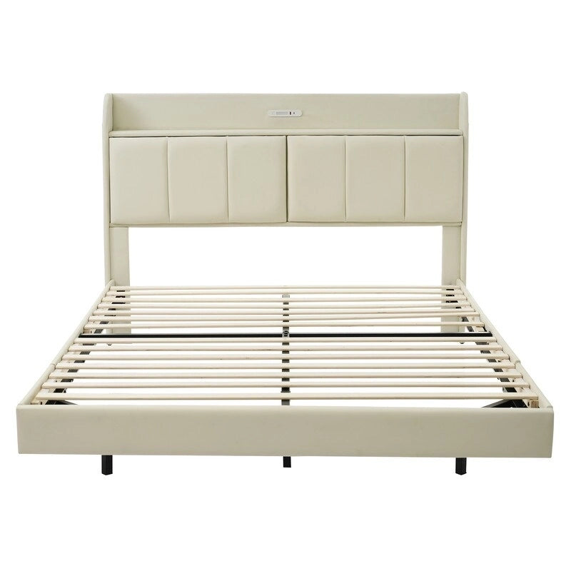 Cadre de lit Queen Size avec rangement, lumière tactile et port USB