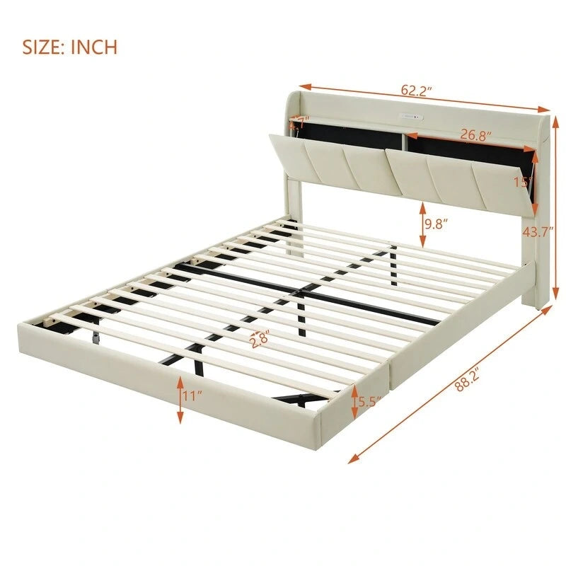 Cadre de lit Queen Size avec rangement, lumière tactile et port USB