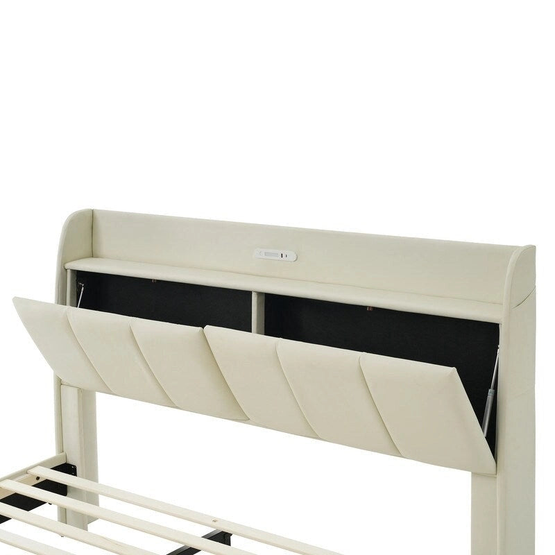Cadre de lit Queen Size avec rangement, lumière tactile et port USB