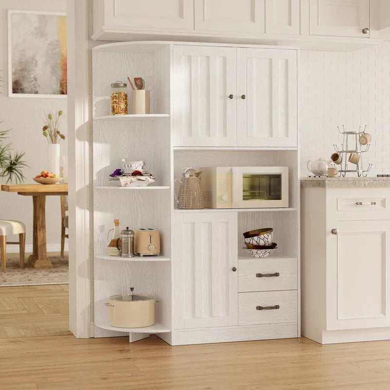 Meuble de rangement de cuisine avec portes et étagères ouvertes, buffet avec étagères et tiroirs pour micro-ondes