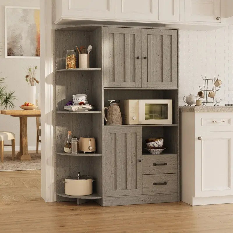 Meuble de rangement de cuisine avec portes et étagères ouvertes, buffet avec étagères et tiroirs pour micro-ondes