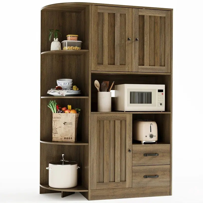 Meuble de rangement de cuisine avec portes et étagères ouvertes, buffet avec étagères et tiroirs pour micro-ondes