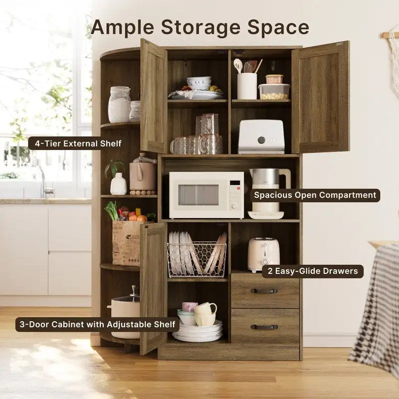 Meuble de rangement de cuisine avec portes et étagères ouvertes, buffet avec étagères et tiroirs pour micro-ondes