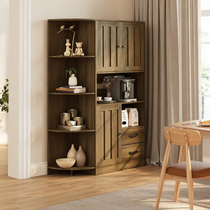 Meuble de rangement de cuisine avec portes et étagères ouvertes, buffet avec étagères et tiroirs pour micro-ondes