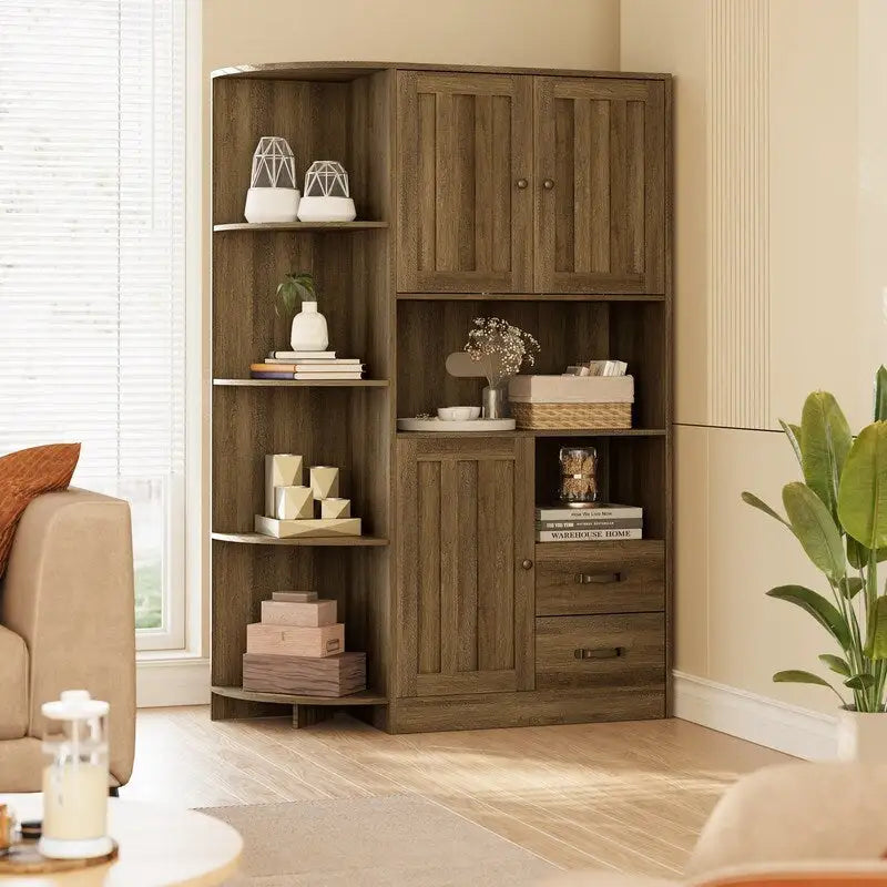 Meuble de rangement de cuisine avec portes et étagères ouvertes, buffet avec étagères et tiroirs pour micro-ondes