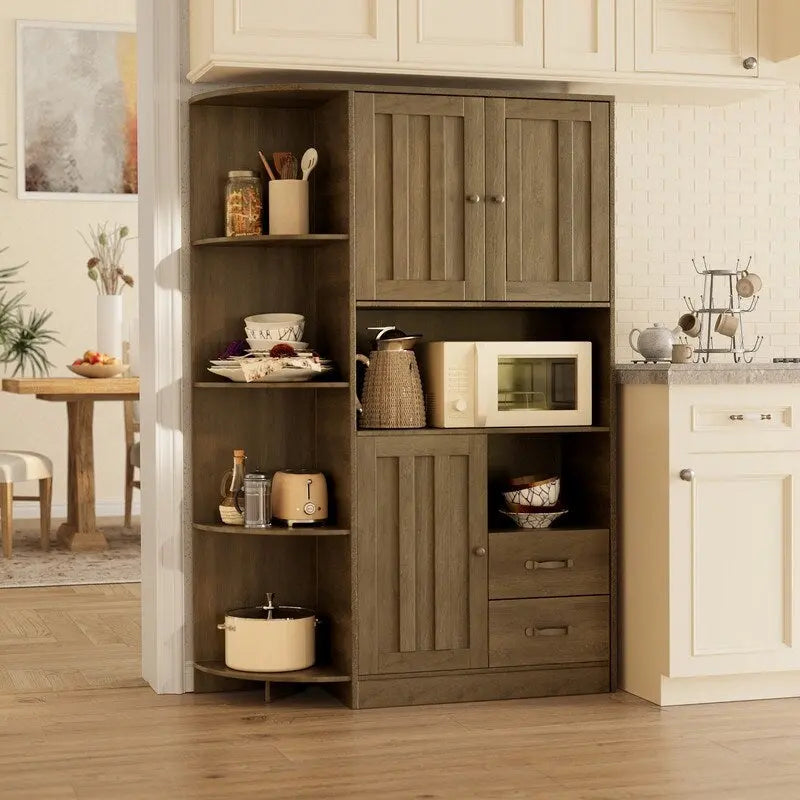 Meuble de rangement de cuisine avec portes et étagères ouvertes, buffet avec étagères et tiroirs pour micro-ondes