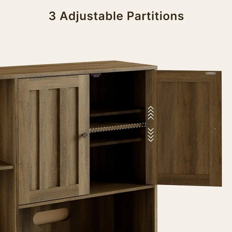 Meuble de rangement de cuisine avec portes et étagères ouvertes, buffet avec étagères et tiroirs pour micro-ondes