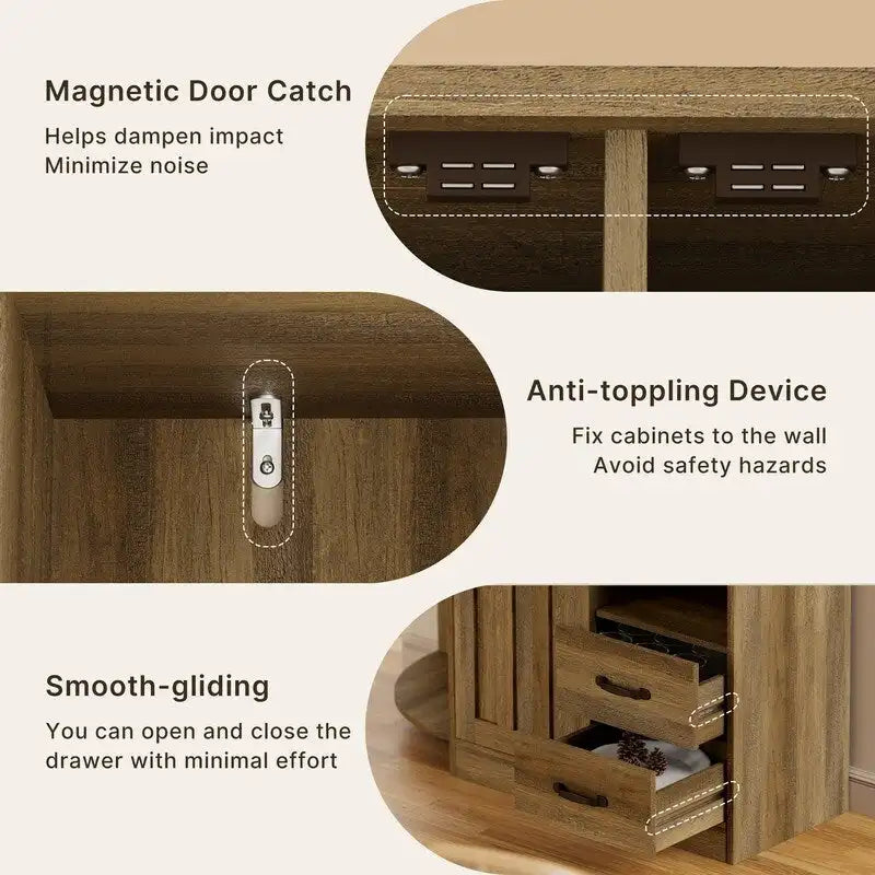 Meuble de rangement de cuisine avec portes et étagères ouvertes, buffet avec étagères et tiroirs pour micro-ondes