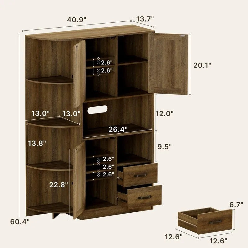Meuble de rangement de cuisine avec portes et étagères ouvertes, buffet avec étagères et tiroirs pour micro-ondes
