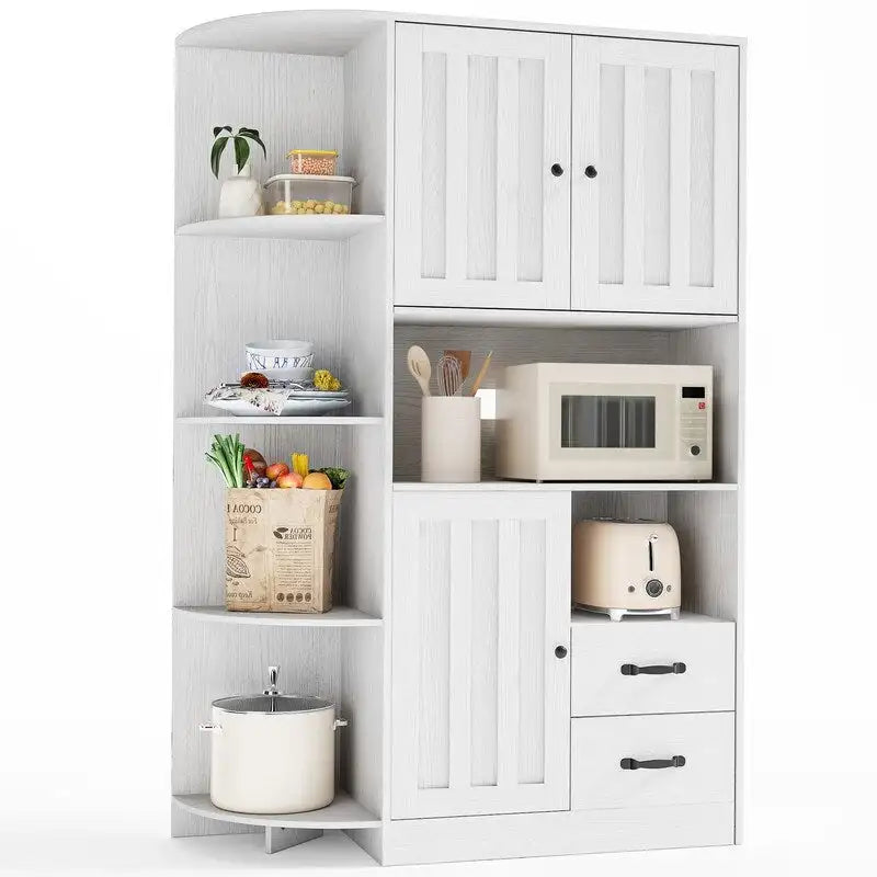 Meuble de rangement de cuisine avec portes et étagères ouvertes, buffet avec étagères et tiroirs pour micro-ondes