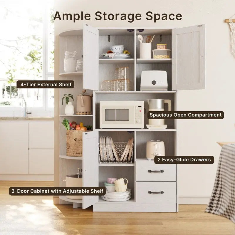 Meuble de rangement de cuisine avec portes et étagères ouvertes, buffet avec étagères et tiroirs pour micro-ondes