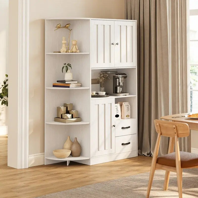 Meuble de rangement de cuisine avec portes et étagères ouvertes, buffet avec étagères et tiroirs pour micro-ondes