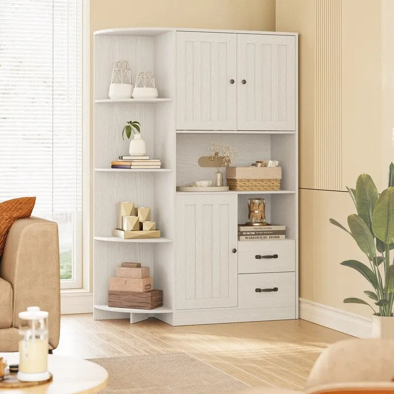 Meuble de rangement de cuisine avec portes et étagères ouvertes, buffet avec étagères et tiroirs pour micro-ondes