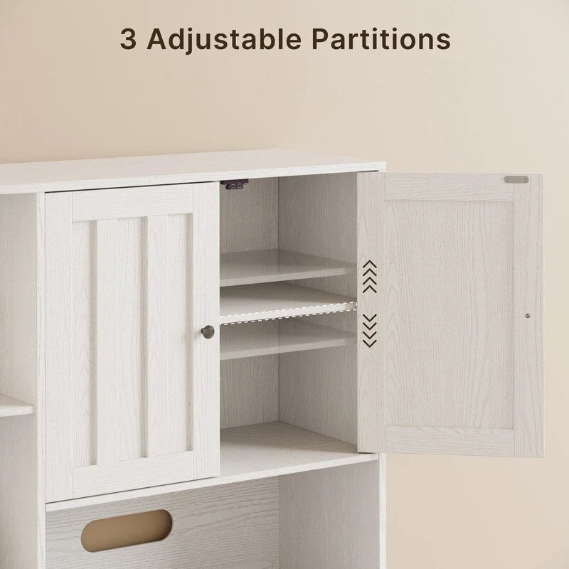 Meuble de rangement de cuisine avec portes et étagères ouvertes, buffet avec étagères et tiroirs pour micro-ondes