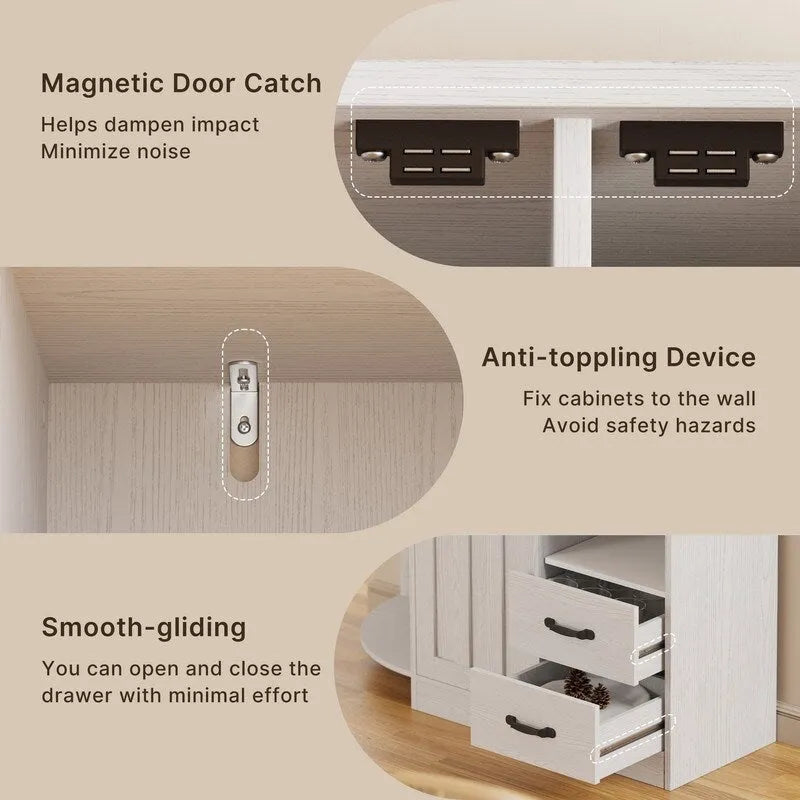 Meuble de rangement de cuisine avec portes et étagères ouvertes, buffet avec étagères et tiroirs pour micro-ondes