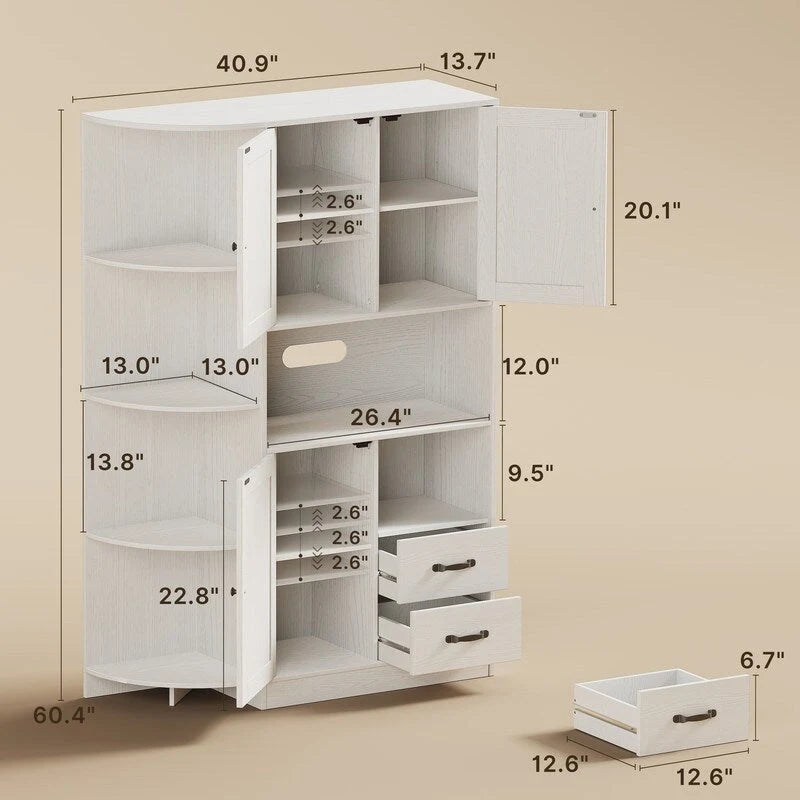 Meuble de rangement de cuisine avec portes et étagères ouvertes, buffet avec étagères et tiroirs pour micro-ondes