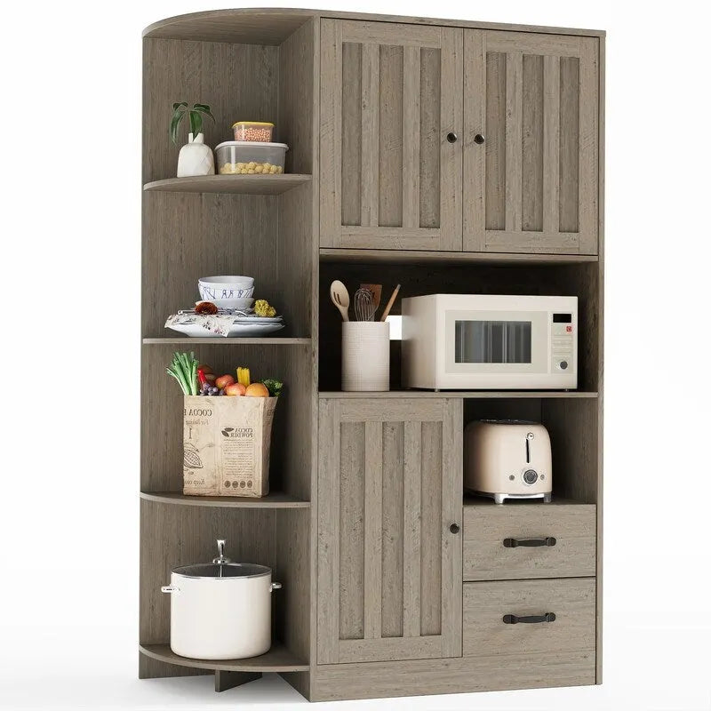 Meuble de rangement de cuisine avec portes et étagères ouvertes, buffet avec étagères et tiroirs pour micro-ondes