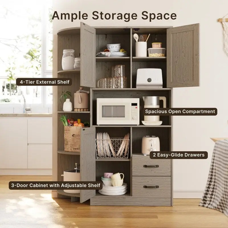 Meuble de rangement de cuisine avec portes et étagères ouvertes, buffet avec étagères et tiroirs pour micro-ondes