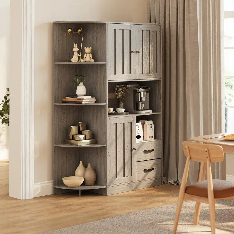 Meuble de rangement de cuisine avec portes et étagères ouvertes, buffet avec étagères et tiroirs pour micro-ondes