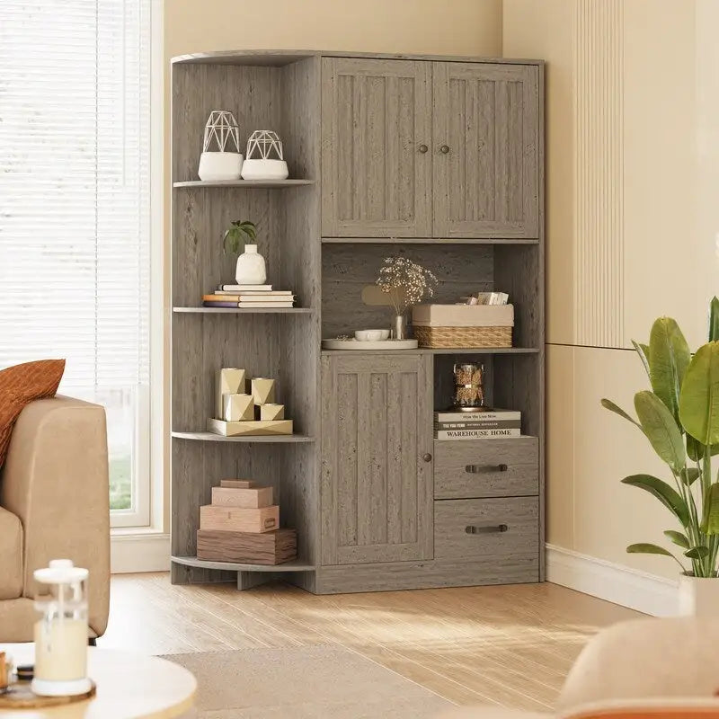 Meuble de rangement de cuisine avec portes et étagères ouvertes, buffet avec étagères et tiroirs pour micro-ondes