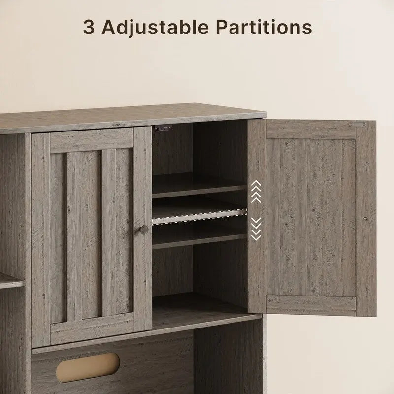 Meuble de rangement de cuisine avec portes et étagères ouvertes, buffet avec étagères et tiroirs pour micro-ondes