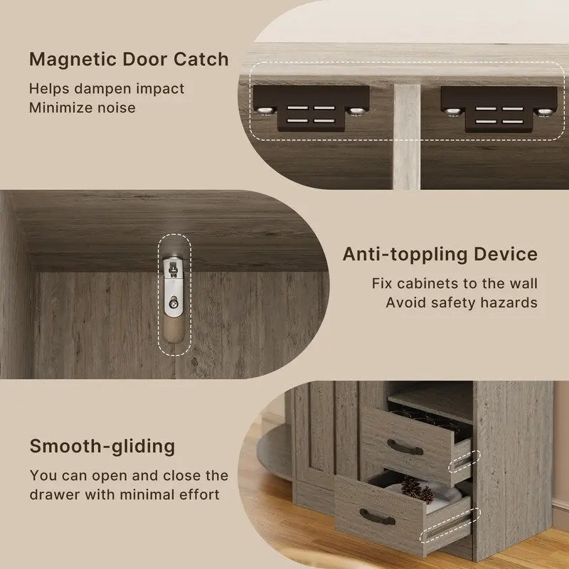 Meuble de rangement de cuisine avec portes et étagères ouvertes, buffet avec étagères et tiroirs pour micro-ondes