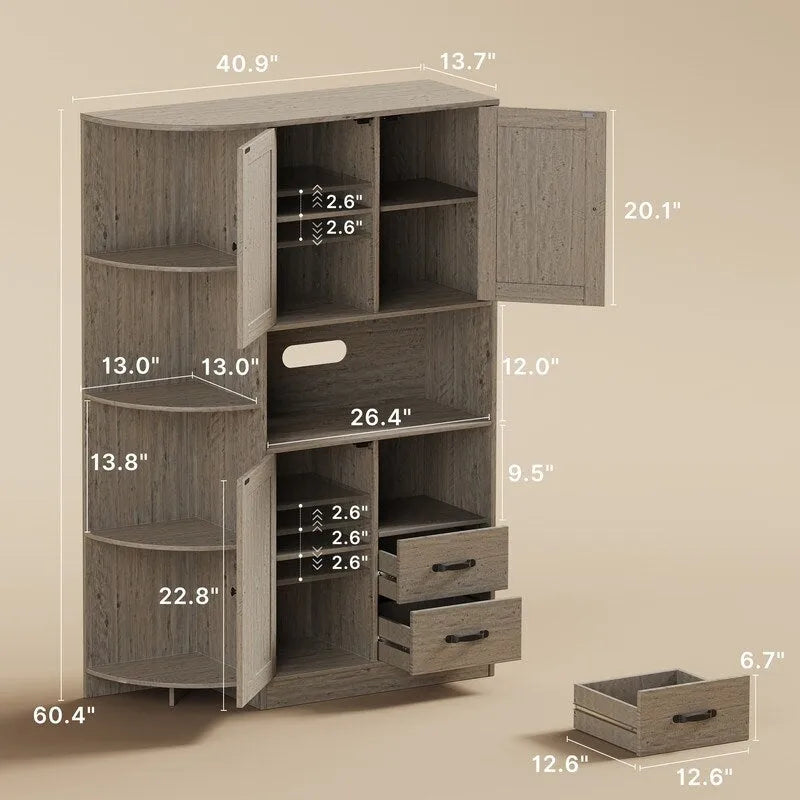 Meuble de rangement de cuisine avec portes et étagères ouvertes, buffet avec étagères et tiroirs pour micro-ondes