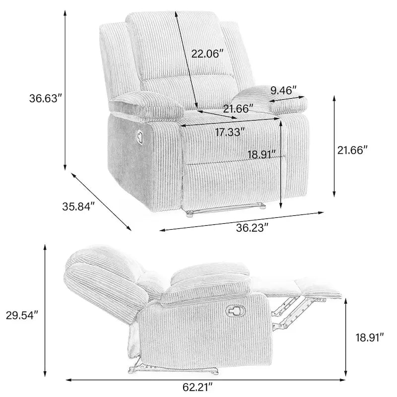 Ensemble de 2 fauteuils inclinables manuels rembourrés à dossier poussoir