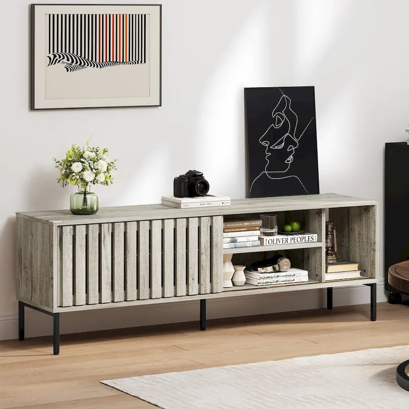 Meuble TV 64" avec portes coulissantes creuses, meuble de divertissement avec étagères réglables - 64L x 15.4W x 22.5H