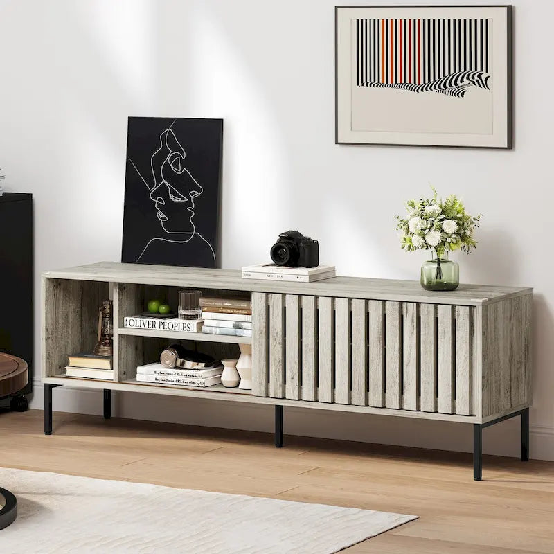Meuble TV 64" avec portes coulissantes creuses, meuble de divertissement avec étagères réglables - 64L x 15.4W x 22.5H
