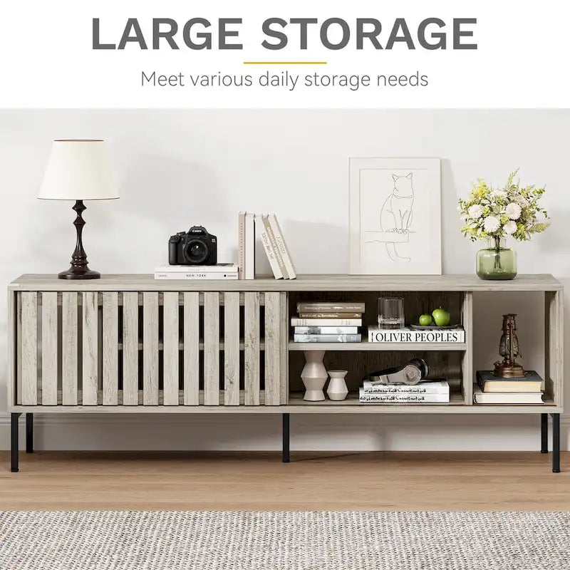 Meuble TV 64" avec portes coulissantes creuses, meuble de divertissement avec étagères réglables - 64L x 15.4W x 22.5H