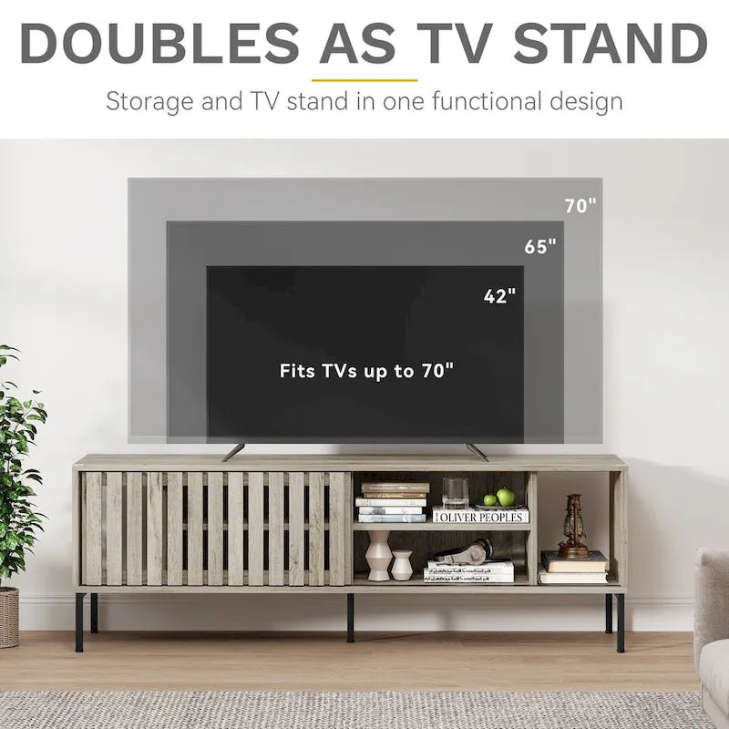 Meuble TV 64" avec portes coulissantes creuses, meuble de divertissement avec étagères réglables - 64L x 15.4W x 22.5H