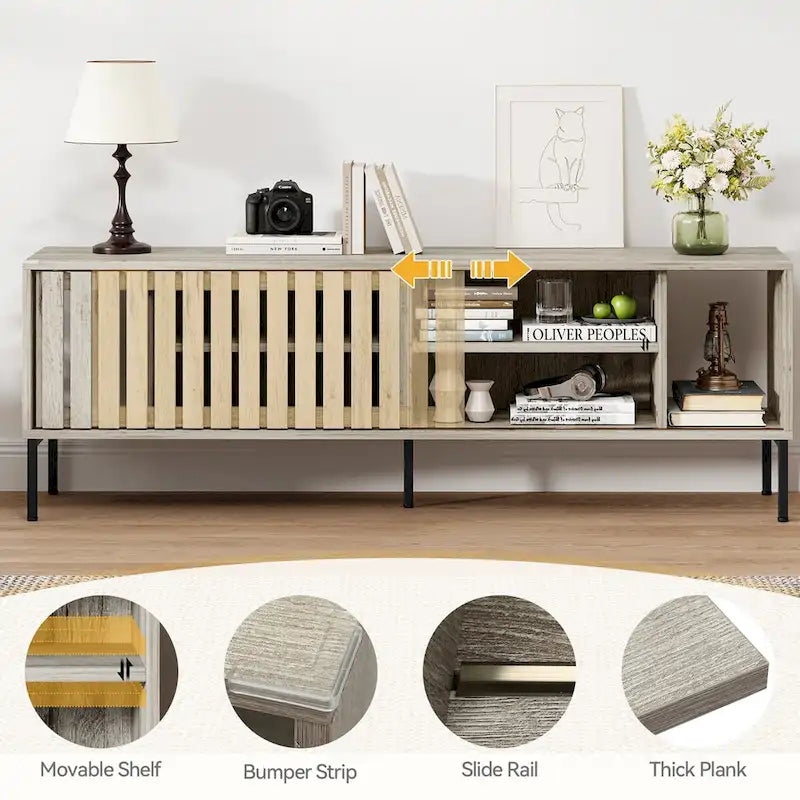 Meuble TV 64" avec portes coulissantes creuses, meuble de divertissement avec étagères réglables - 64L x 15.4W x 22.5H