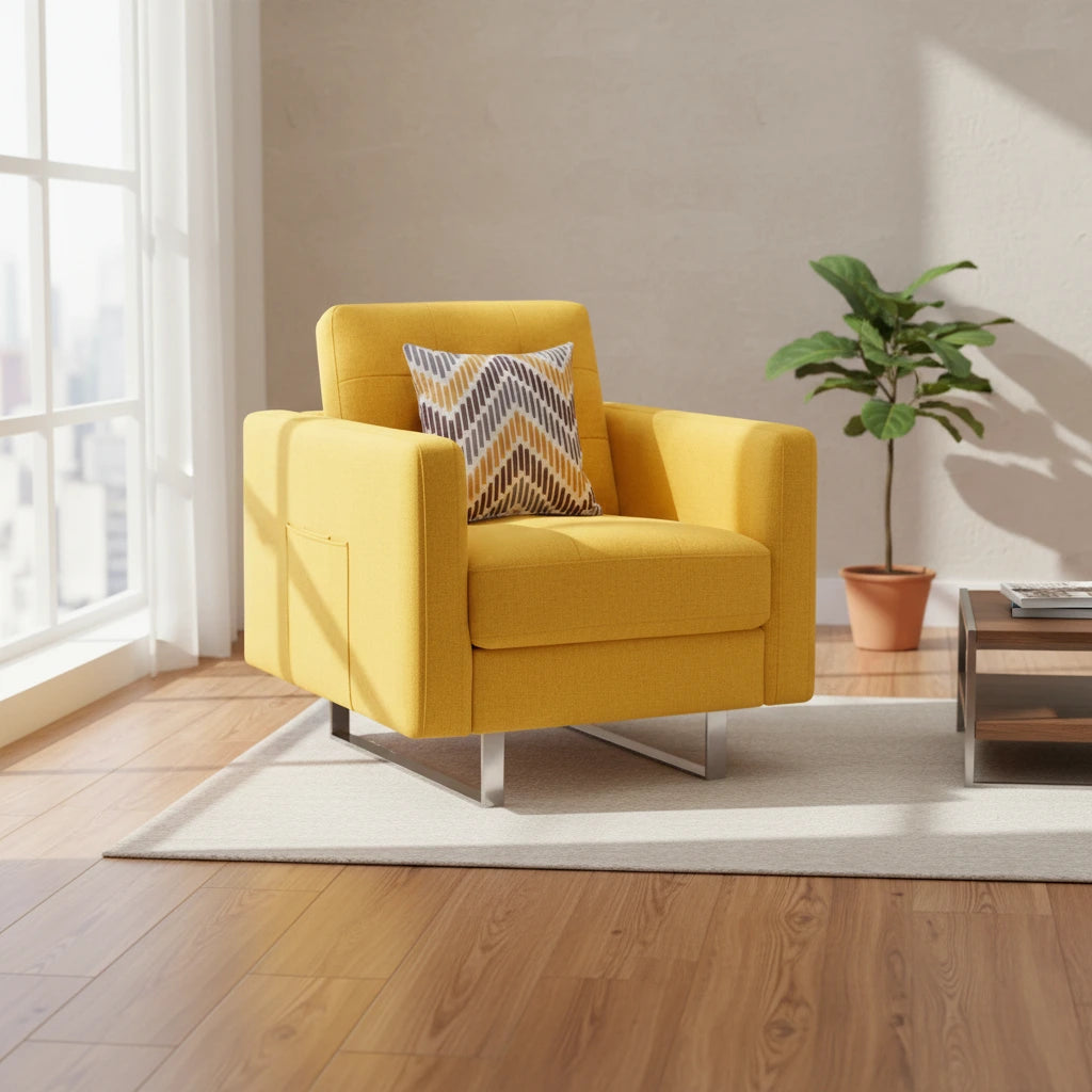 Fauteuil en tissu de lin avec pieds en métal, poches latérales et oreiller